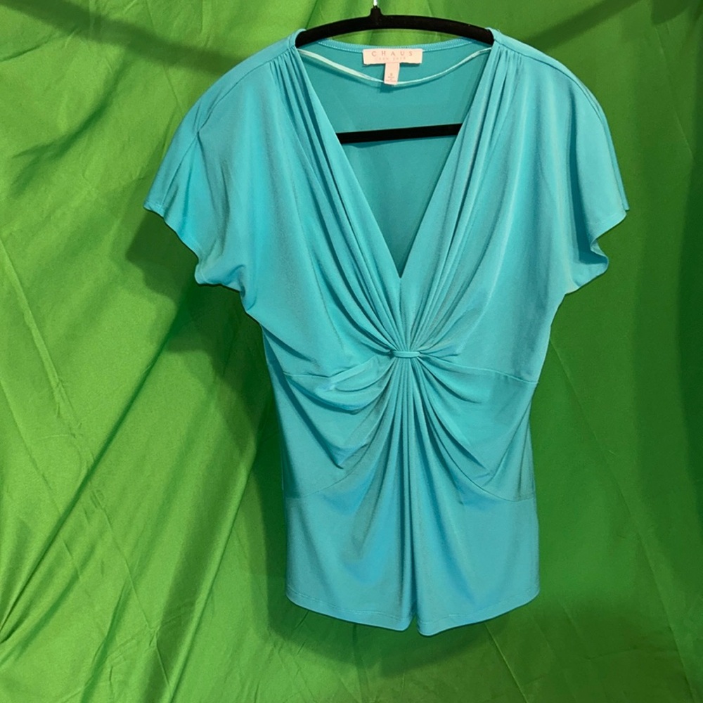 Chaus NY Teal, Vneck, Gather/Bunch Knot, Short Slv, Stretch P2P 16"